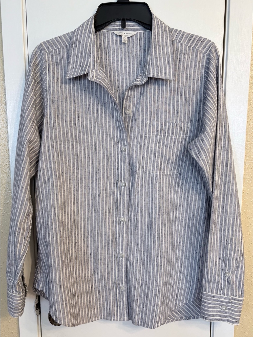 Women’s Lucky Brand Gray and White Striped Button-Up Blouse